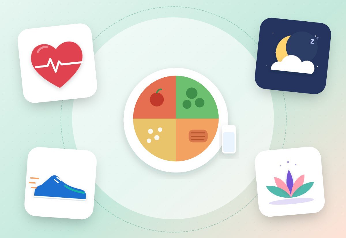 Illustration of healthy living: fresh produce, a heart-rate line, a running shoe, a crescent moon for restful sleep, and a lotus flower for calm