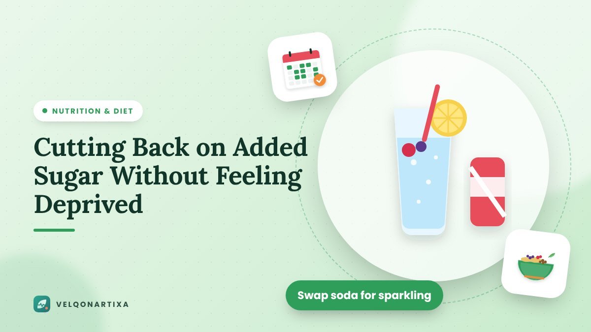 Illustration of a glass of sparkling water with lemon and berries next to a soda can crossed out