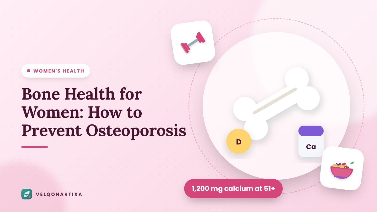Illustration of a strong bone with calcium and vitamin D badges