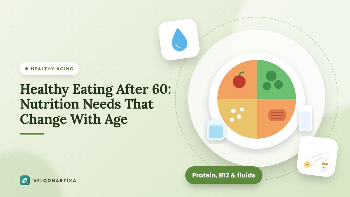 Illustration of a balanced plate of food and a glass of water for healthy eating after 60