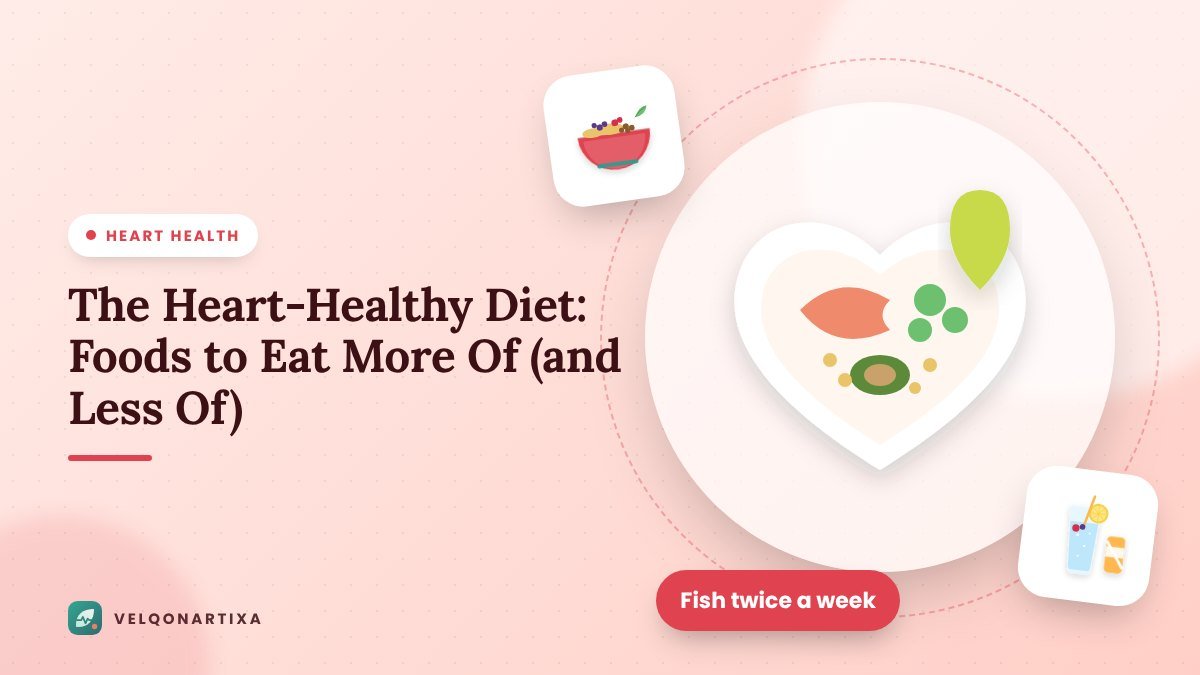 Illustration of a heart-shaped bowl filled with salmon, vegetables, avocado, and whole grains