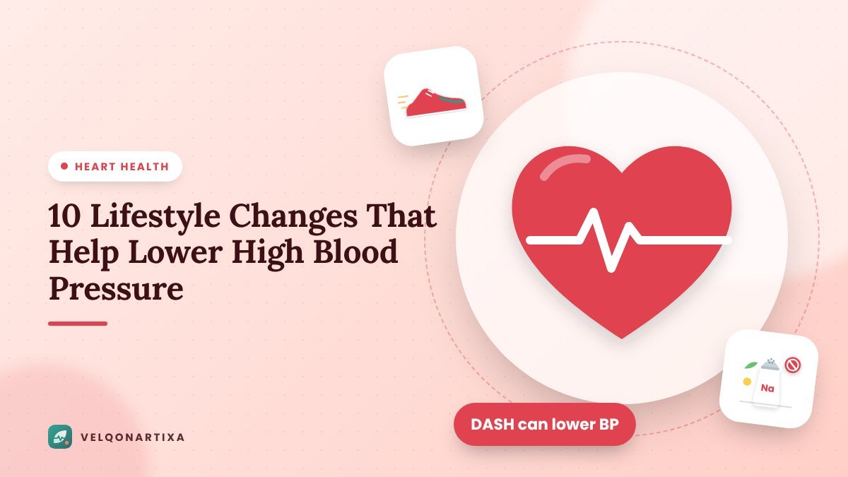 Illustration of a red heart with a healthy pulse line, a walking shoe, and a salt shaker representing lifestyle changes that lower blood pressure