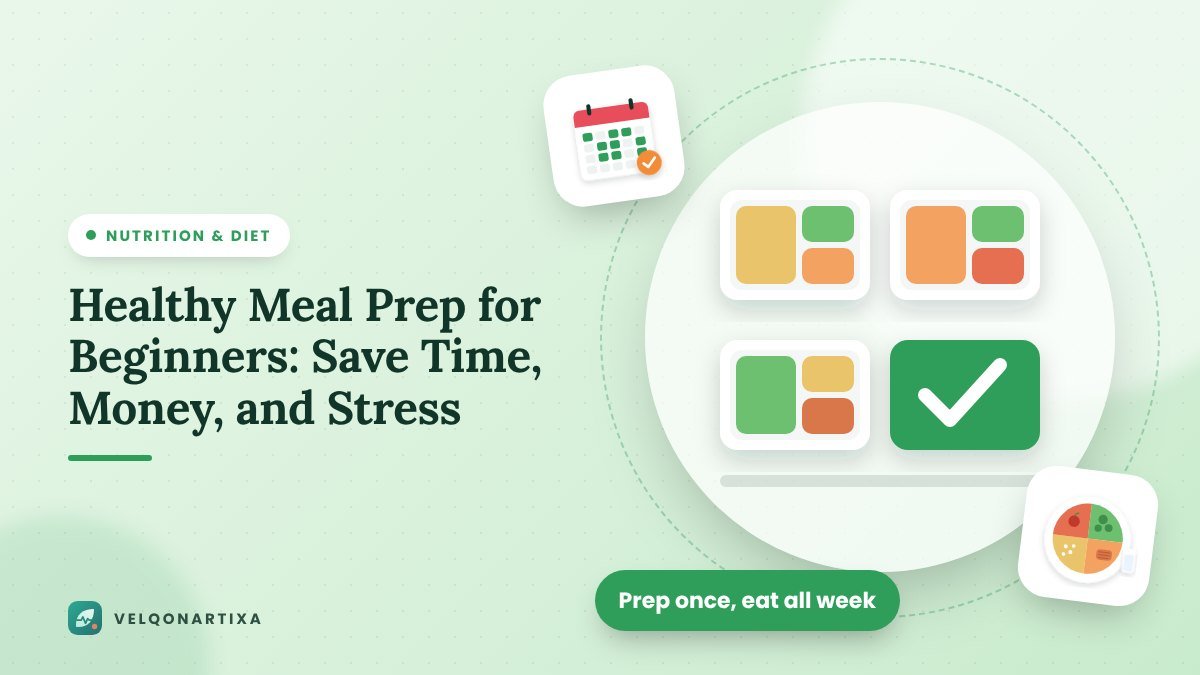 Illustration of meal prep containers filled with grains, vegetables, and protein