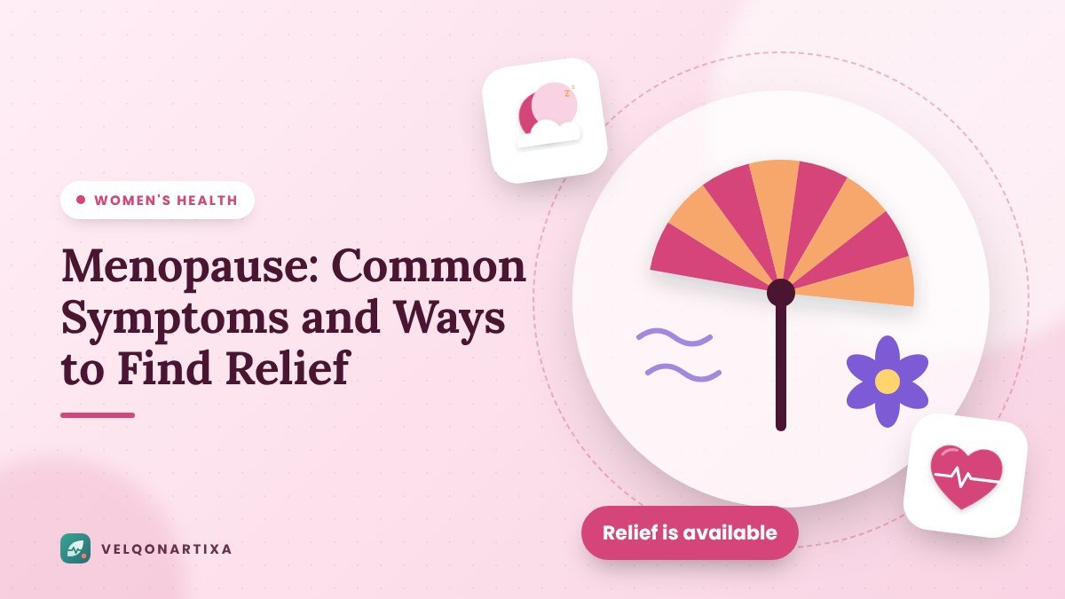 Illustration of a cooling hand fan and a flower representing relief from menopause hot flashes