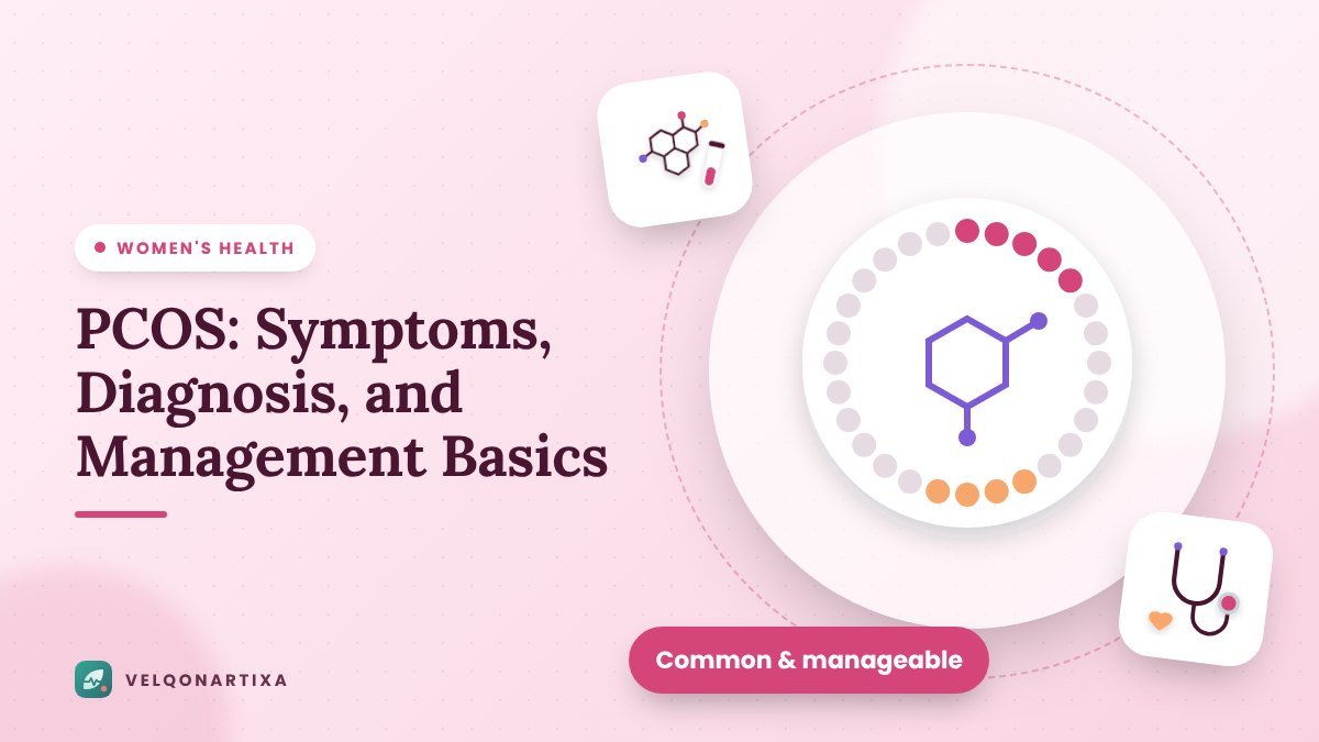 Illustration of a menstrual cycle tracker ring with a hormone molecule in the center